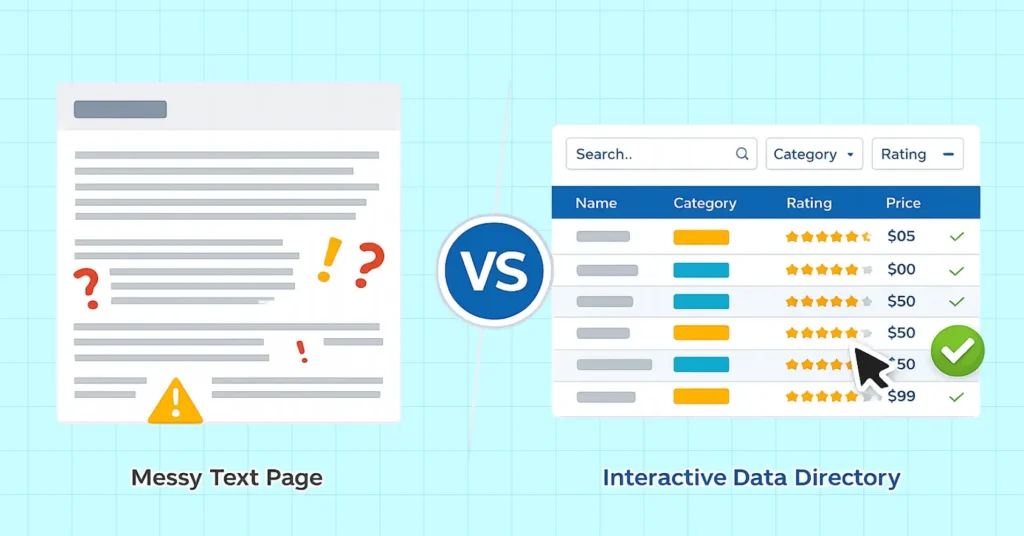 page full of texts vs data directory