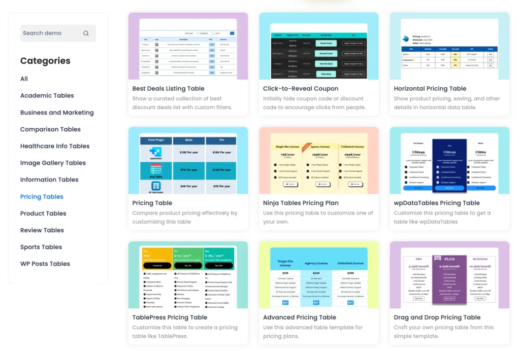 Pricing table templates index