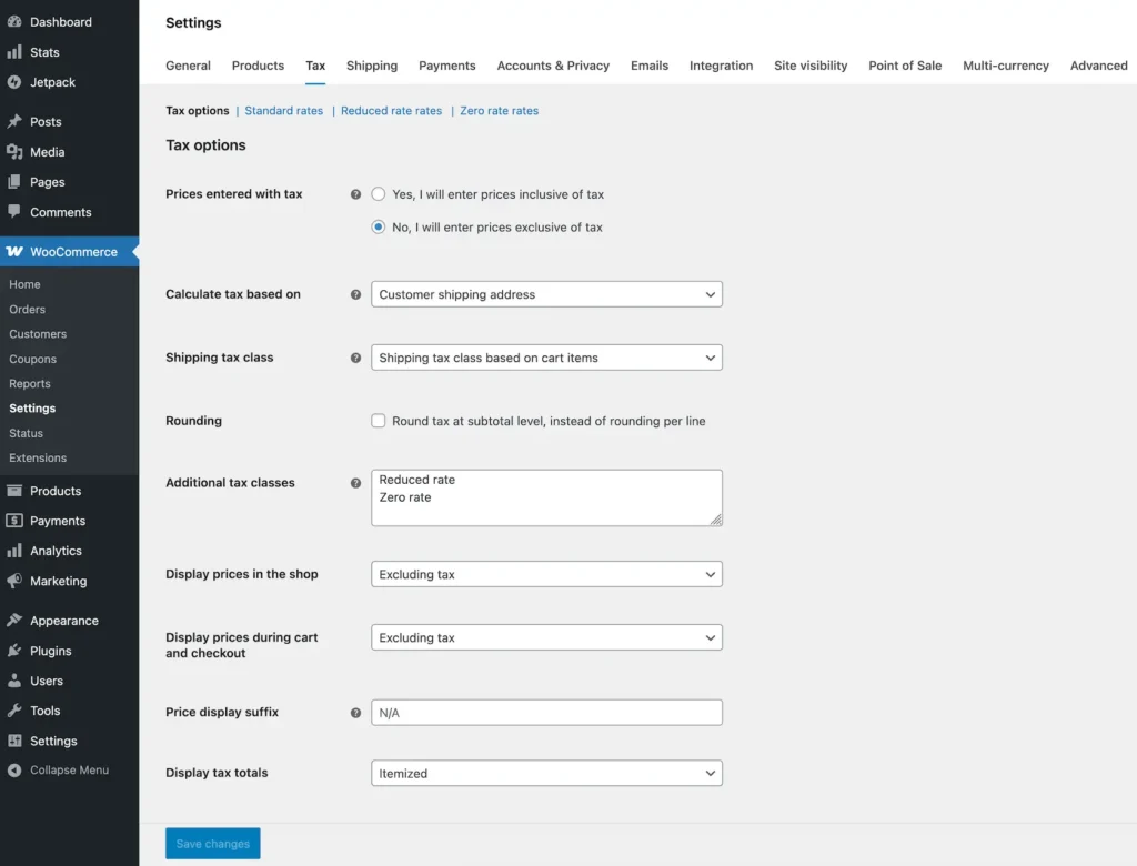 WooCommerce tax settings