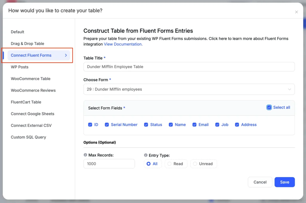 Connect Fluent Forms with Ninja Tables