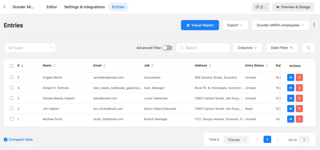 Fluent Forms entries backend