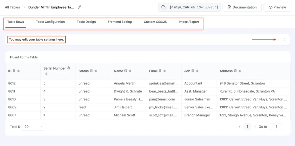 Table with form entries