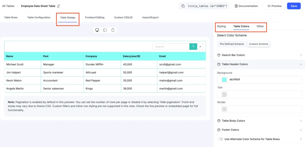 color customize google sheet table