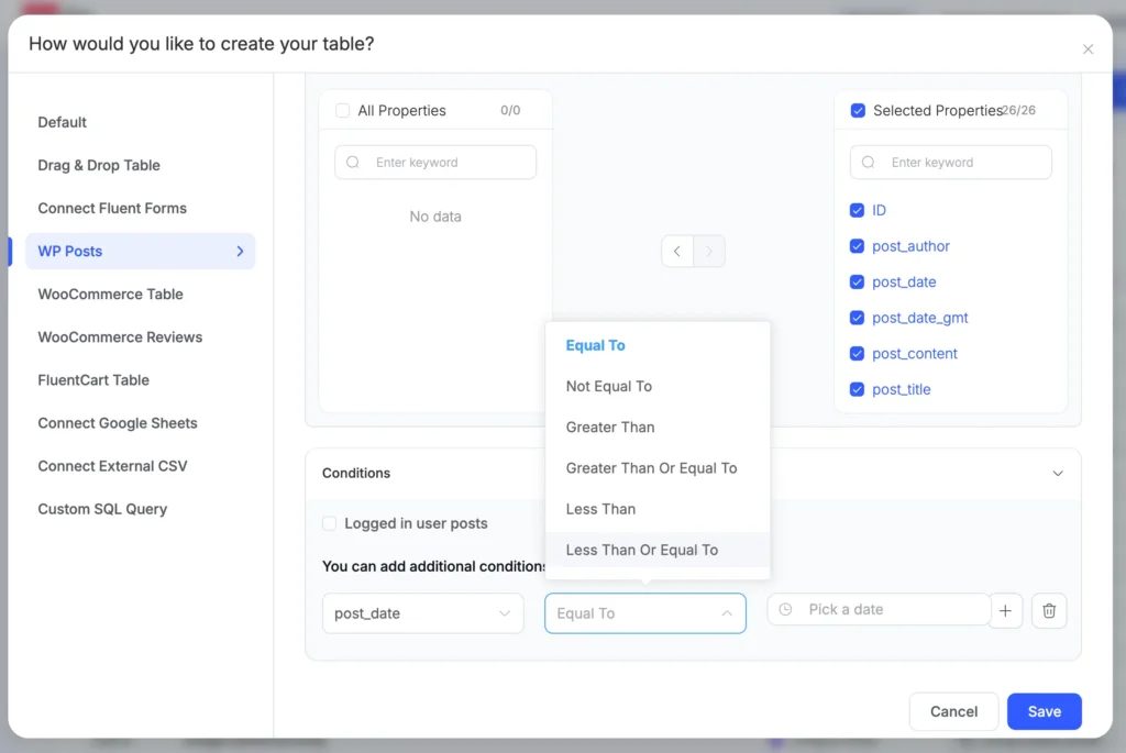 conditions in posts table