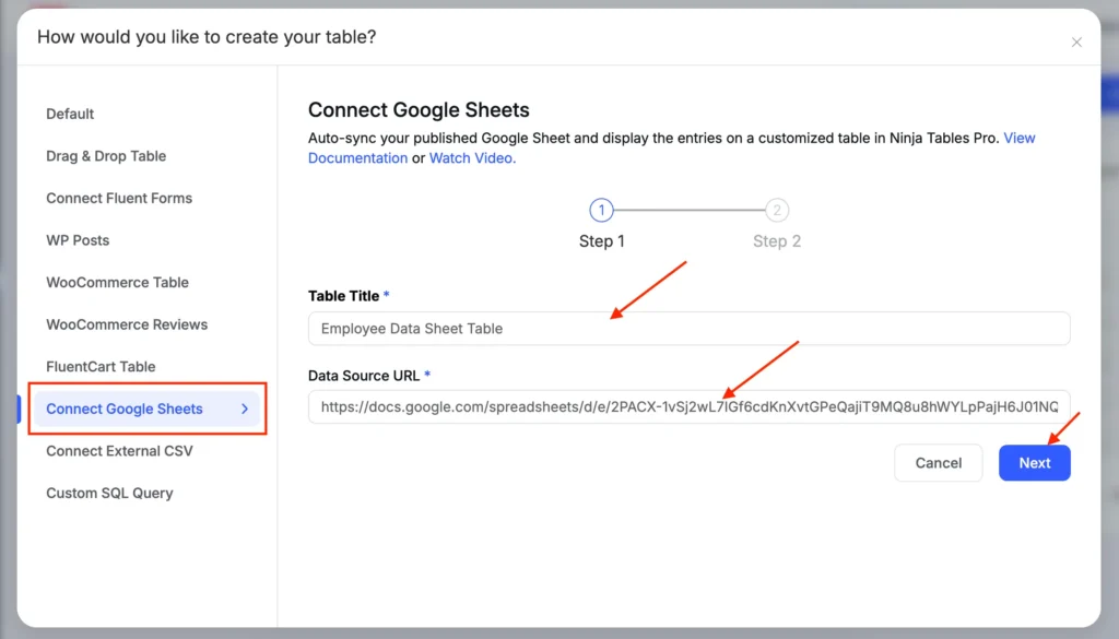 connect google sheets to ninja tables
