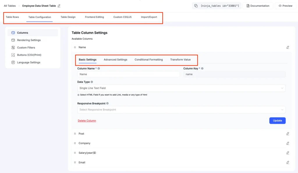 customize google sheet table with ninja tables