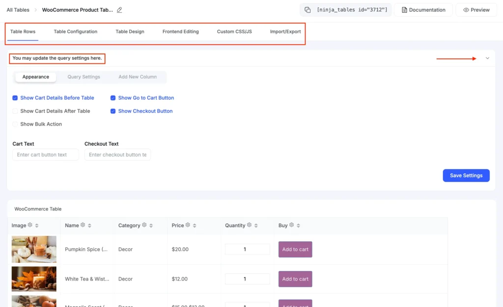 customize product table