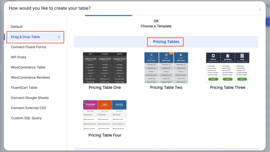 drag and drop pricing table template