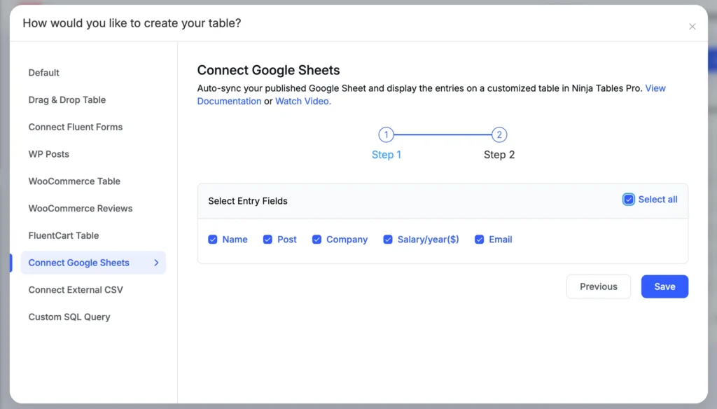 select entry fields for google sheet data table