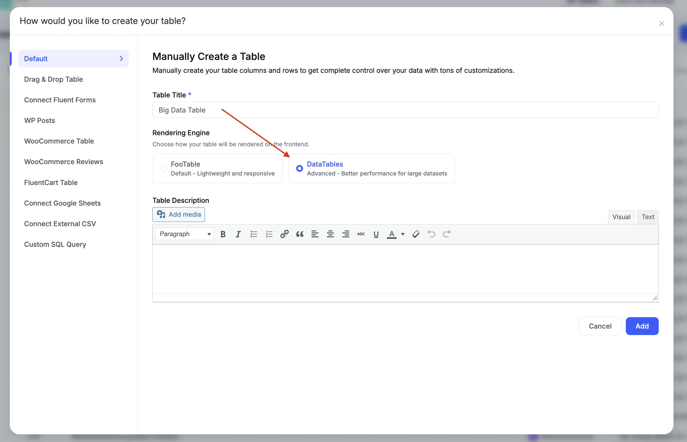 DataTables Rendering engine