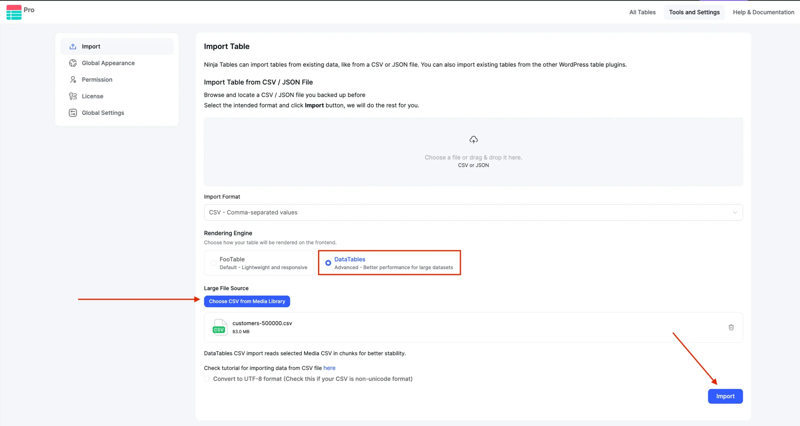 Large data CSV import into Ninja Tables