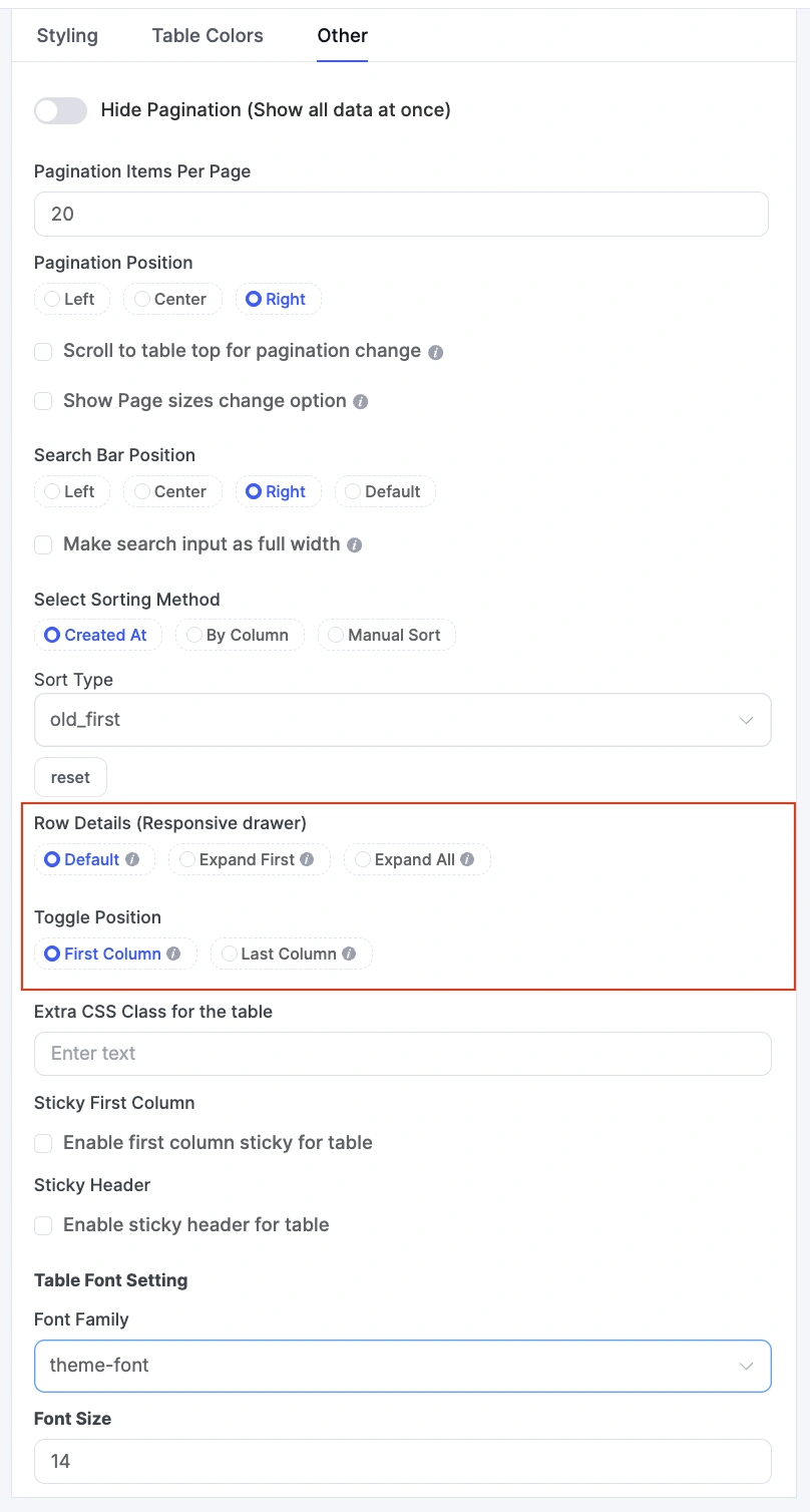 Row and Toggle Position