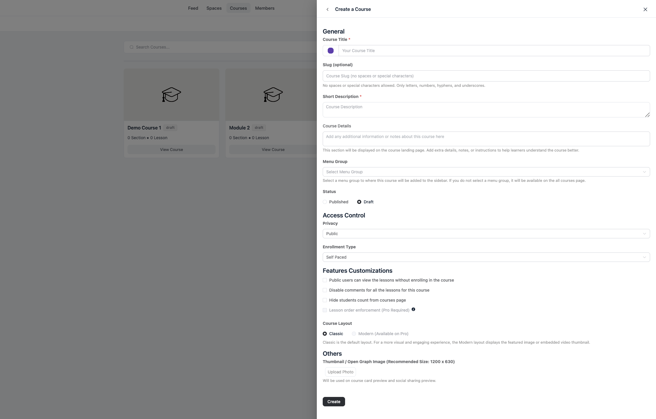 FluentCommunity Course Setting