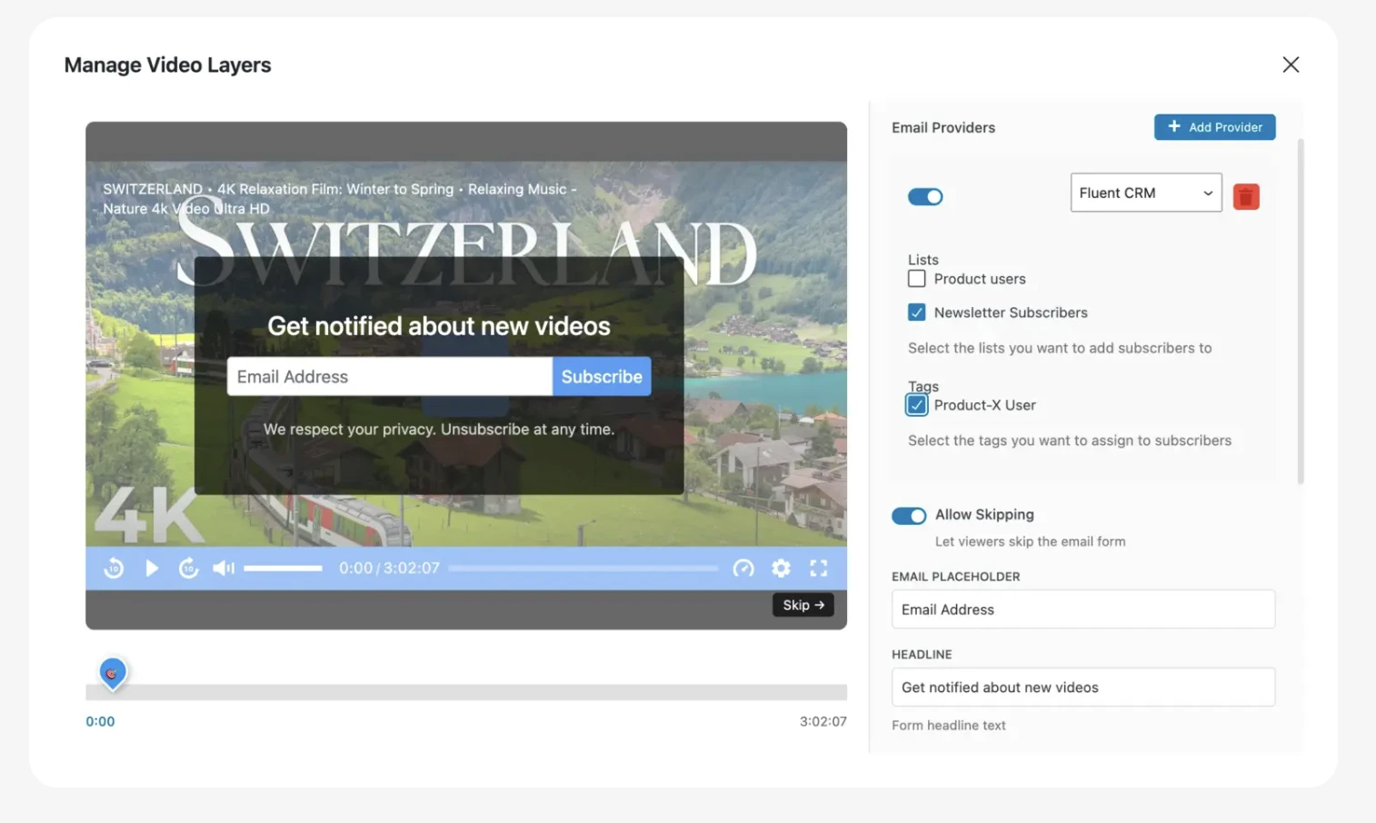 fluentCRM integration with FluentPlayer