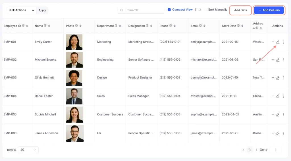 Employee directory table configuration with Ninja Tables