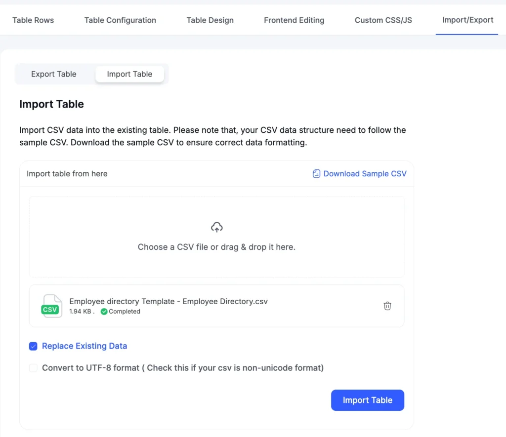 Import data into table