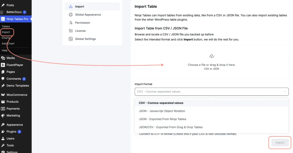 Import JSON File to NinjaTables