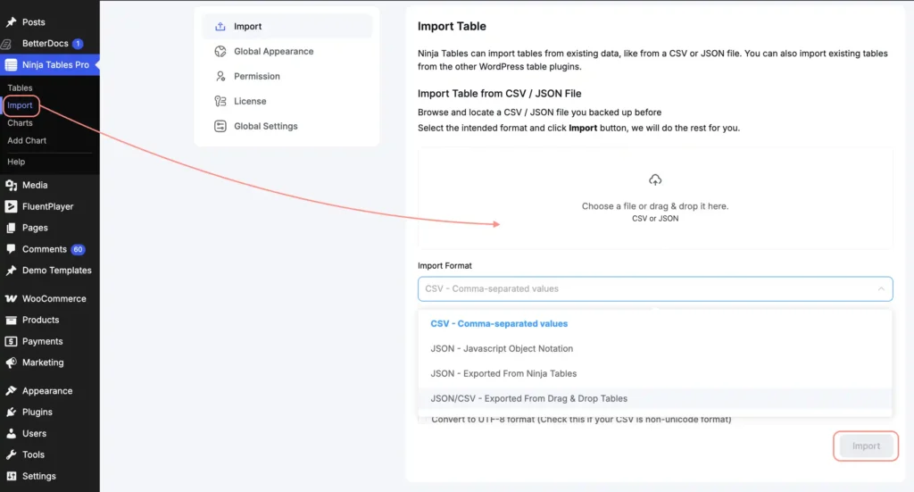 import comparison table into Ninja Tables