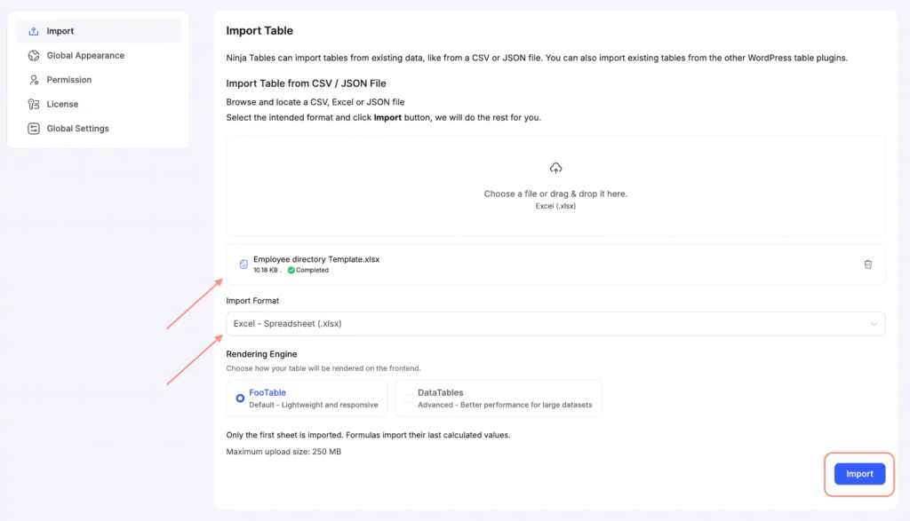 Import xlsx file to Ninja Tables